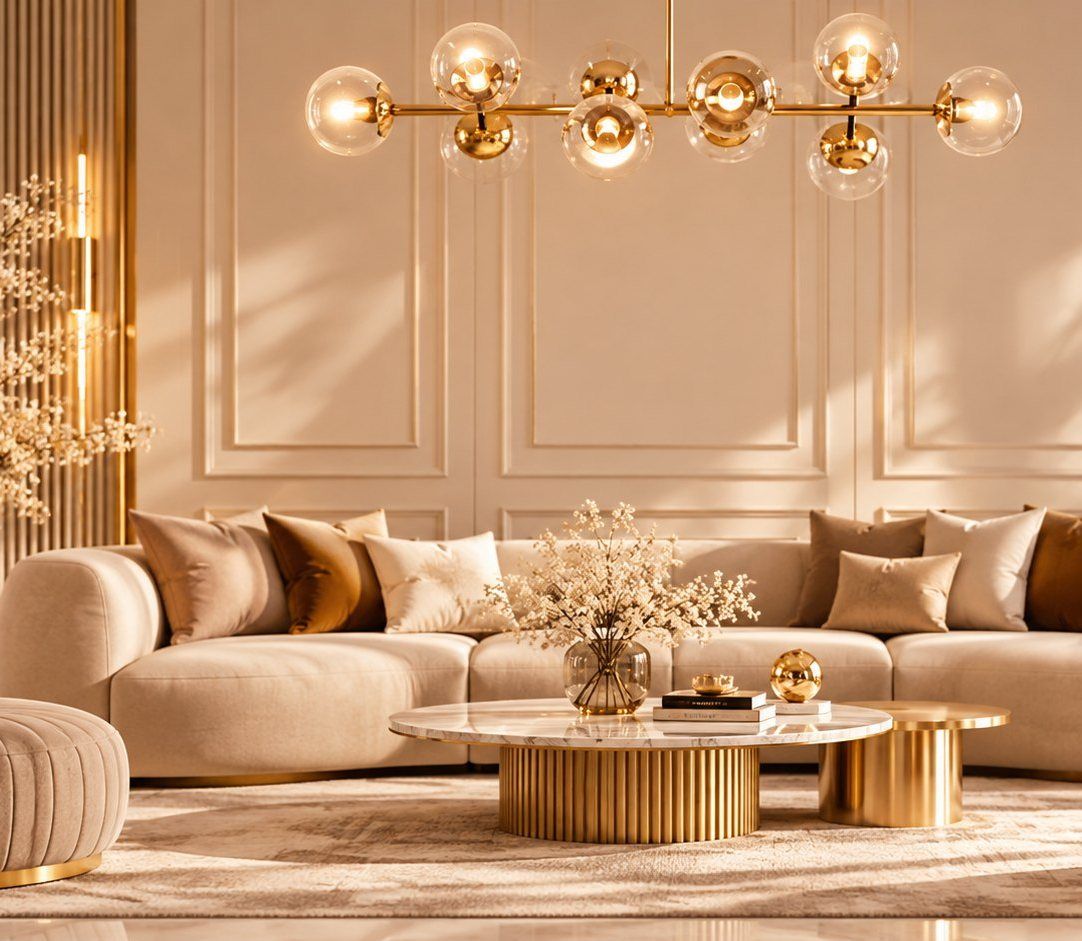 Helles Wohnzimmer in Creme und Gold mit Sofa und goldenem Couchtisch