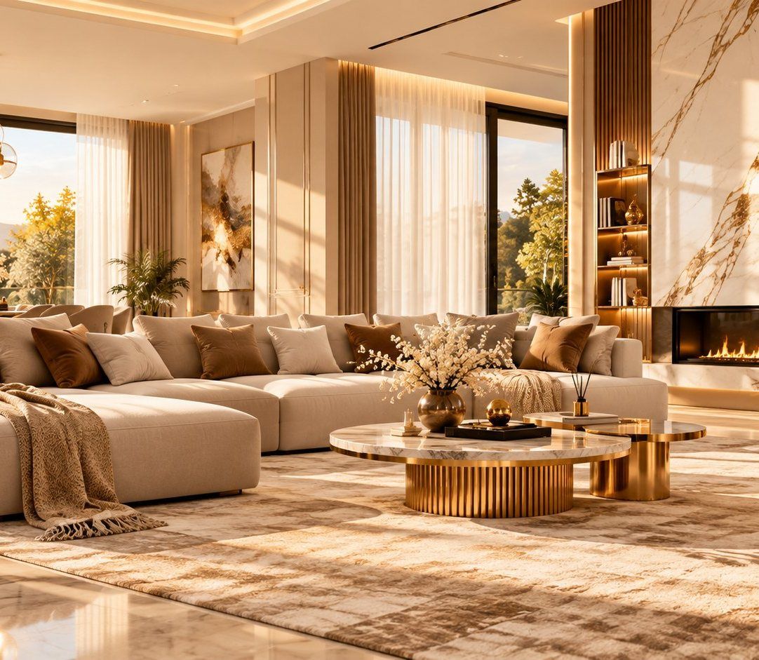 Großes Ecksofa in Creme vor Marmorwand mit Kamin