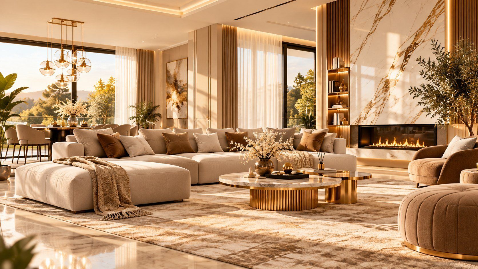 Großes Ecksofa in Creme vor Marmorwand mit Kamin