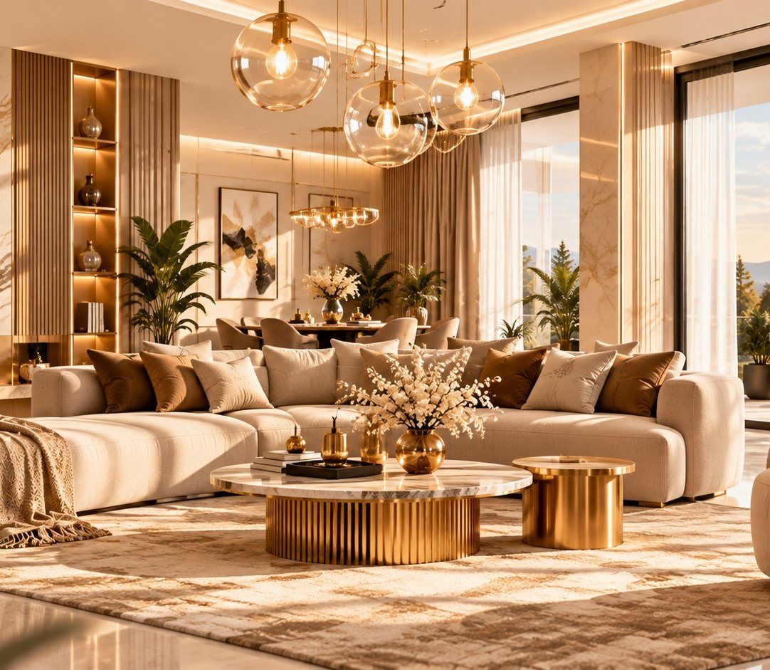 Luxuriöses Wohnzimmer mit Ecksofa, Marmor und Kamin