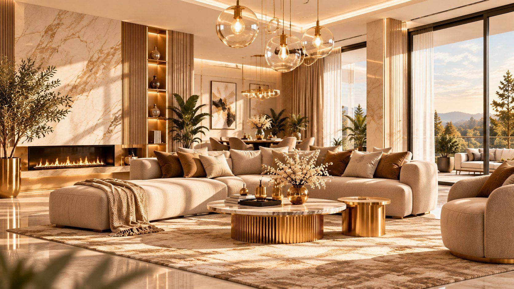 Luxuriöses Wohnzimmer mit Ecksofa, Marmor und Kamin